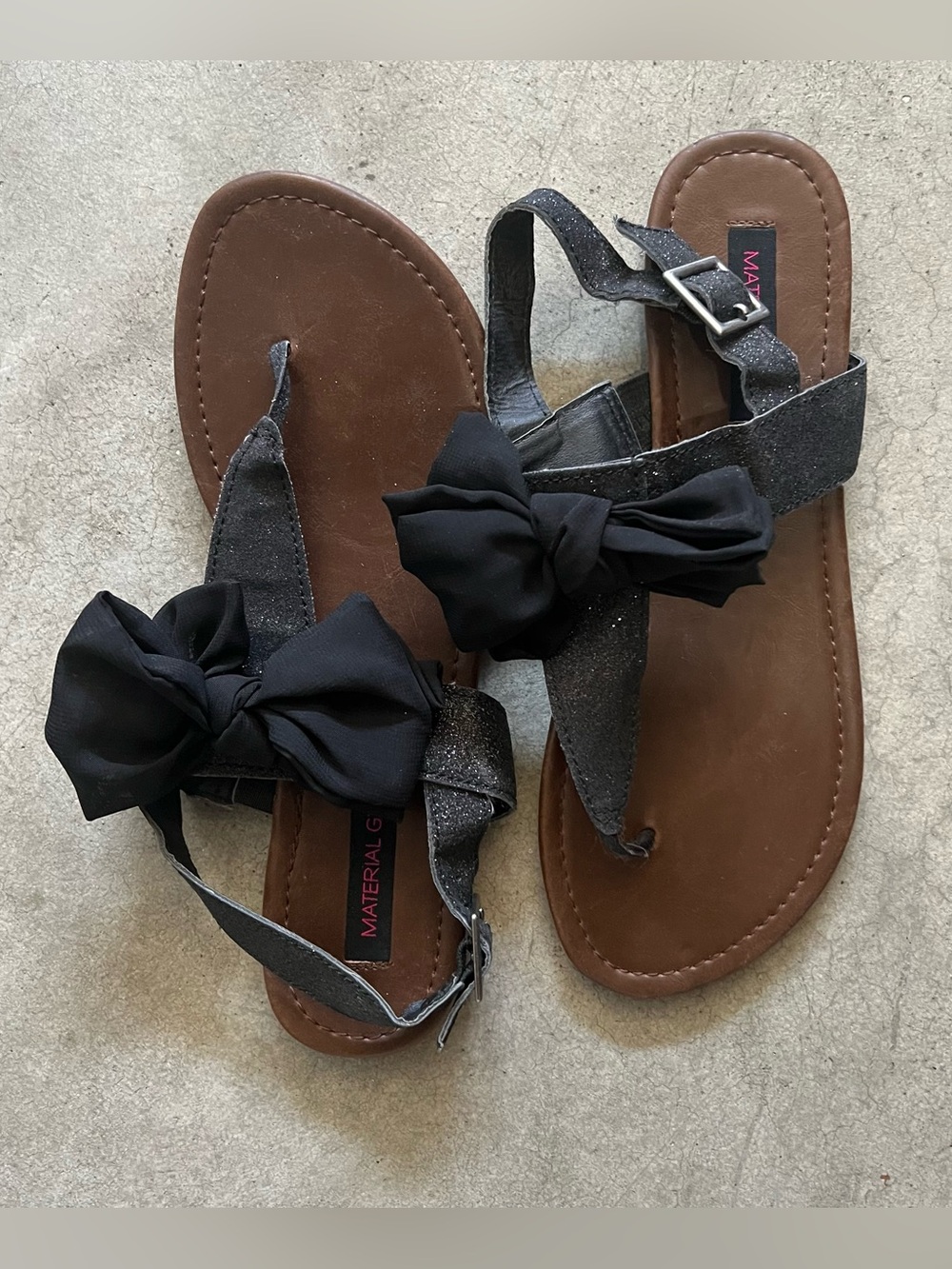 Material Girl Black Bow Thong Sandals with Glitter Straps